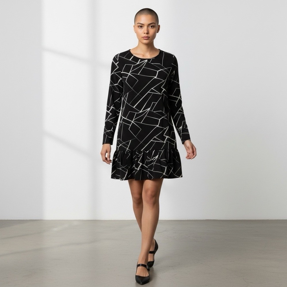 Shein Geometric pattern Round Neck Black Long Sleeve Dress Ruffle size M/US 6